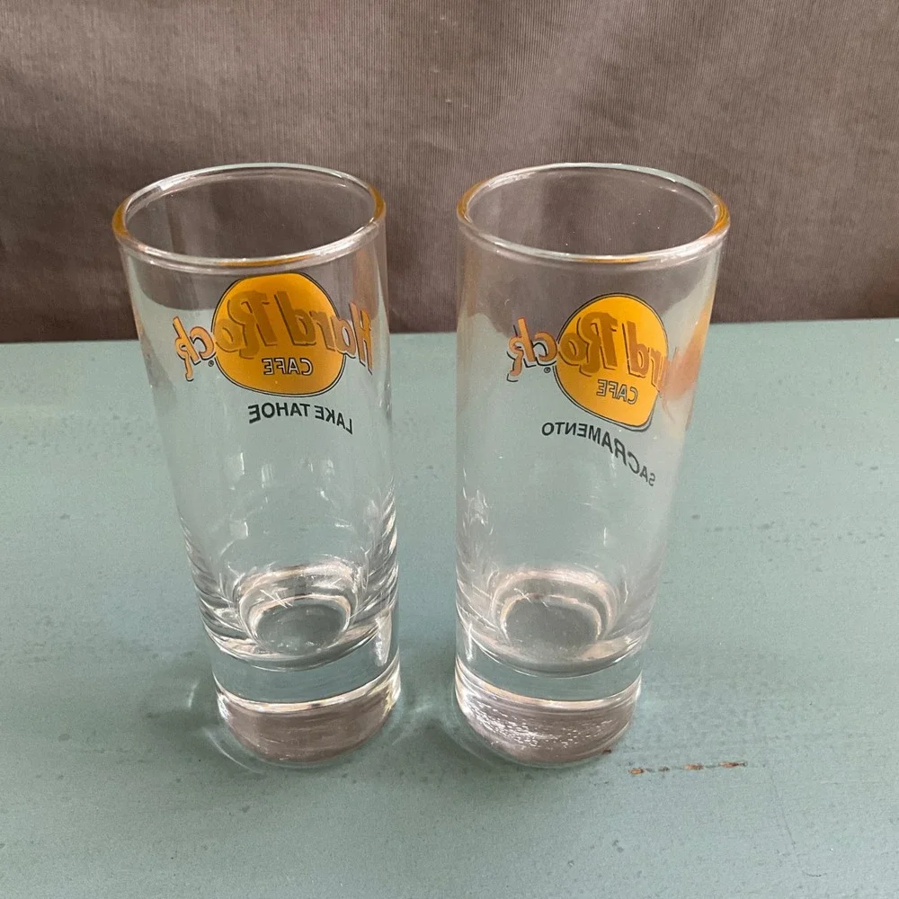 2 Hard Rock Cafe Shot Glasses Lake Tahoe Sacramento Souvenir Shooters Barware
